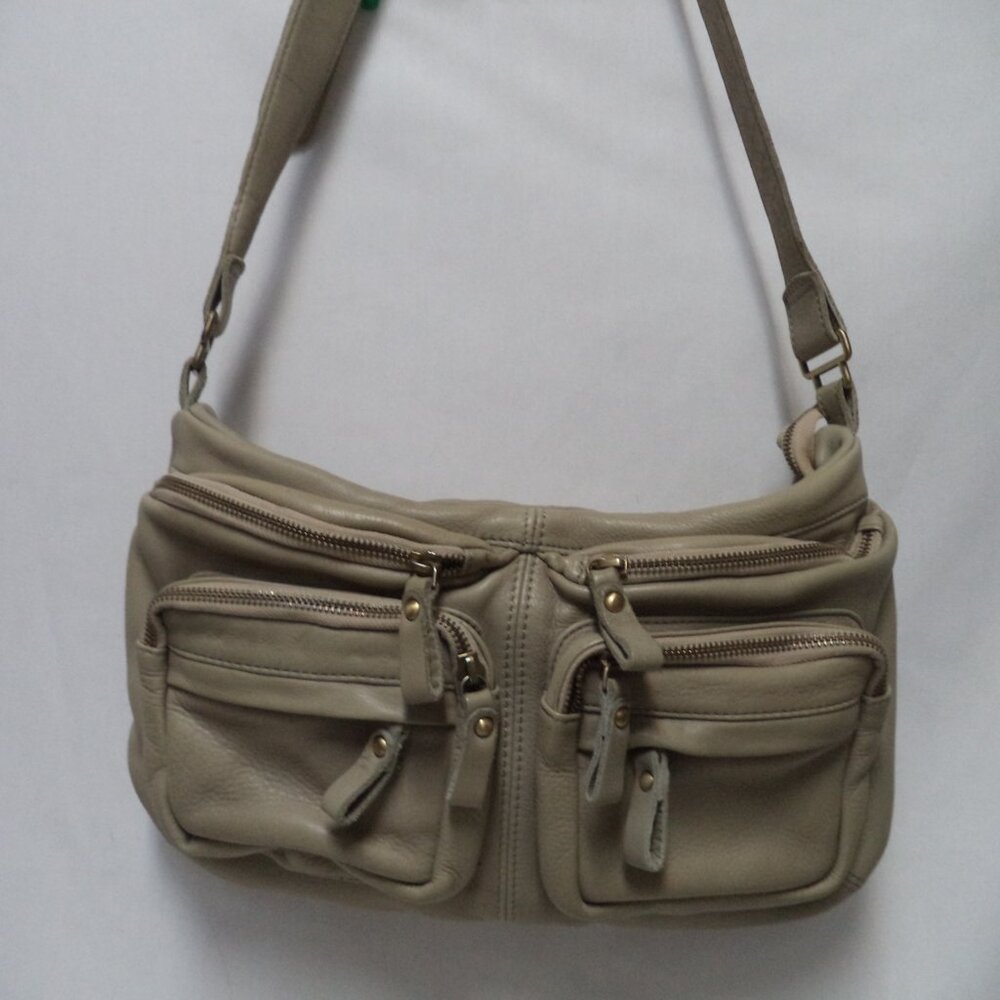 Tano Leather crossbody bag purse zip top taupe adjustable pebbled 4 front pocket